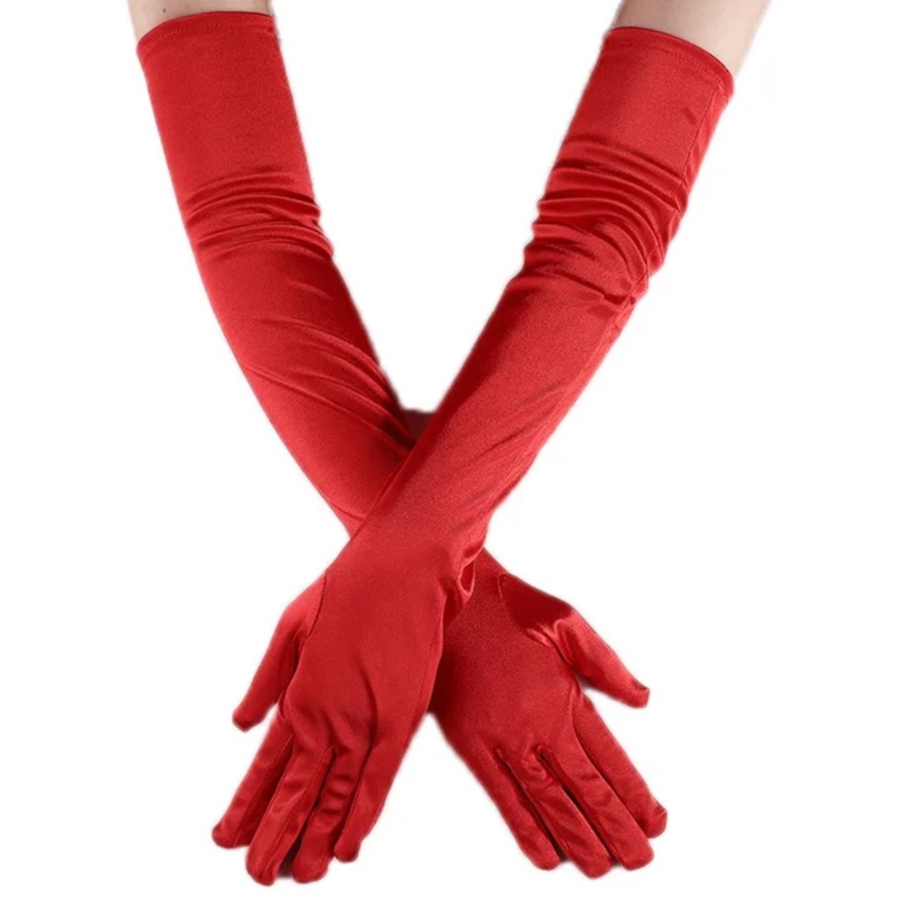 Cherry red long nylon satin Opera formal gloves one size fits most NEW